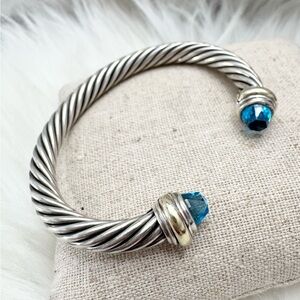 David Yurman Silver Cable Bracelet with Blue Gemstone Terminals